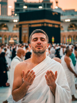 Muslim Man in Ihram Praying with Raised Hands in front of the Kaaba During Hajj Pilgrimage in Mecca, Saudi Arabia