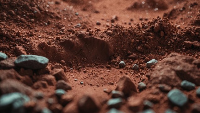 Mars Landscape with Red Soil and Stones in Closeup Detail