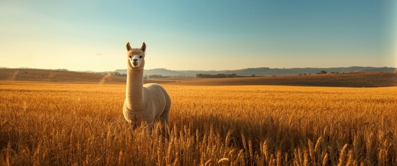 Naklejka premium Alpaca Standing in Golden Wheat Field Under Clear Blue Sky