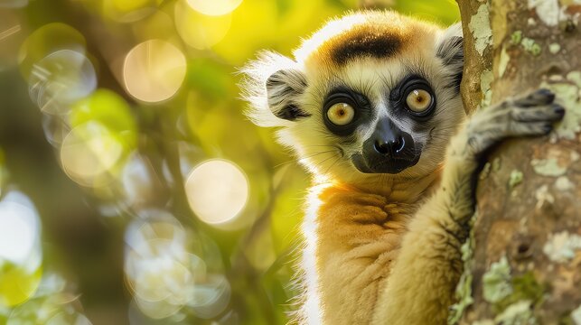 Diademed sifaka, Propithecus diadema, monkey in green grass forest in Andasibe Mantadia NP, Madagascar. Lemur in the nature habitat. Sifaka on the tree, sunny day. Wildlife Madagascar