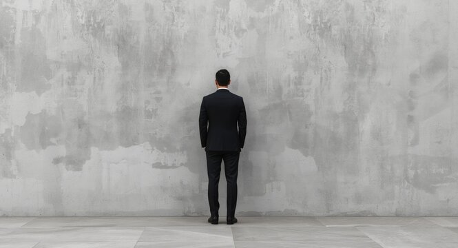 Businessman Standing Against a Plain Concrete Wall in a Minimalist Setting
