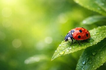 Fototapeta premium Ladybug Crawling on Dewy Green Leaf in Soft Natural Light