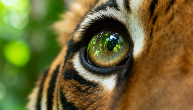 a majestic bengal tiger eye reflecting lush green jungle canopy for world animal day