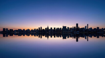 Naklejka premium Cityscape Reflection at Twilight: A breathtaking panoramic view captures the silhouetted skyline of a major city reflected perfectly in the calm waters below.