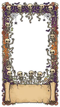 Helloween Comic Style Skeleton Border Frame Featuring Dancing Figures and Scroll