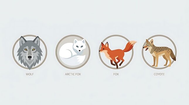 Minimalist wild animal circle icons including wolf and fox.