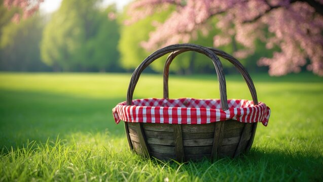 On vibrant green grass, a beautifully adorned straw picnic basket set against the scenic summer nature background. Camping, picnic, relaxation. Advertising, banner, invitation, postcard.