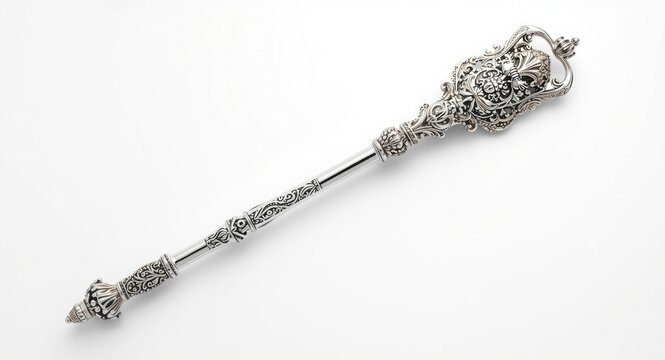 Ornate Silver Scepter with Intricate Detailing on White Background