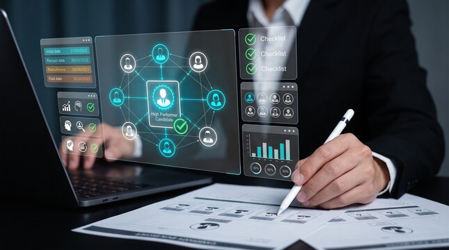 talent acquisition and recruitment concept showing business professional evaluating high performer candidates through digital profiles, checklists, and recruitment analytics

