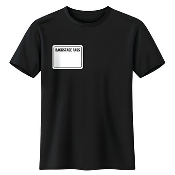 Black t-shirt with a white backstage pass graphic design on the chest. Blank t-shirt for a performer or crew member with a backstage pass area.