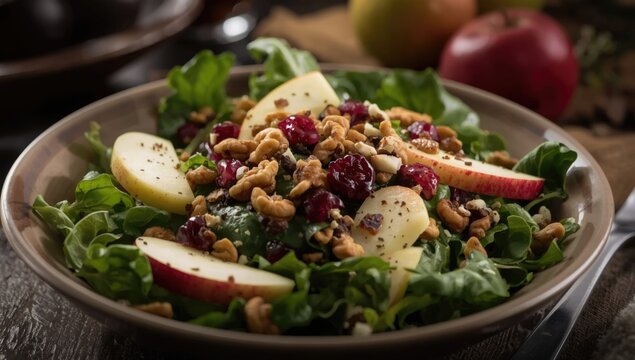 Fresh Salad with Apples Nuts and Cranberries in Rustic Bowl
