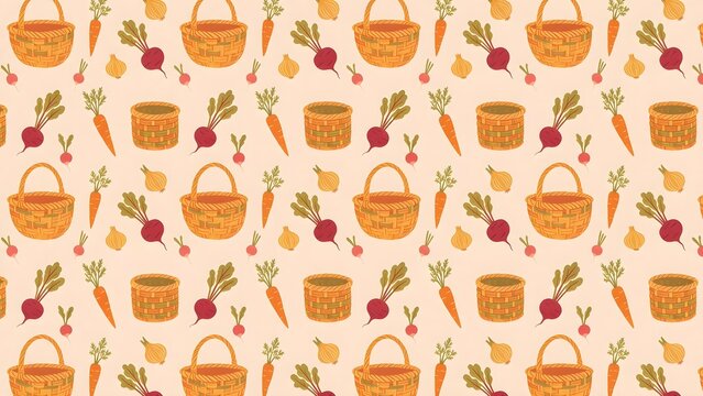 Woven basket motifs alternating with root vegetable silhouettes pattern. Autumn harvest pattern concept