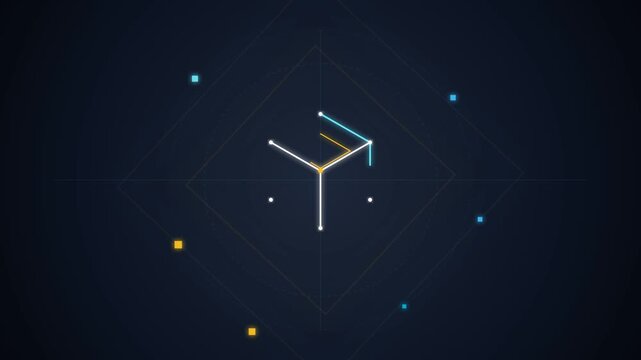 Minimalist geometric abstract background with glowing lines and dots on dark blue.