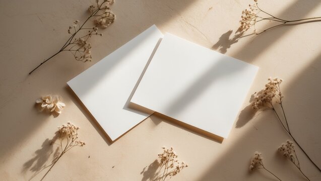 Two wedding invitation cards mockup, front and back sides, blank card mockup featuring elegant decor.