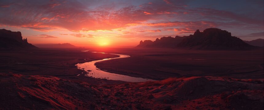 Stunning Sunset Over Desert Landscape with Winding River and Dramatic Clouds