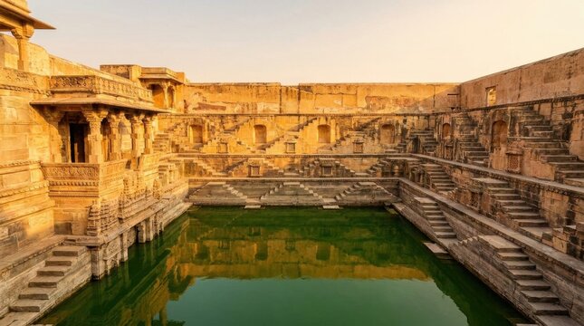 Ancient Stepwell in Rajasthan: A majestic ancient stepwell in Rajasthan, India, reveals intricate architecture and tranquil green water, illuminated by the soft light of dawn.