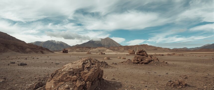 Barren Landscape with Rocky Terrain and Dramatic Clouds in Desert Setting