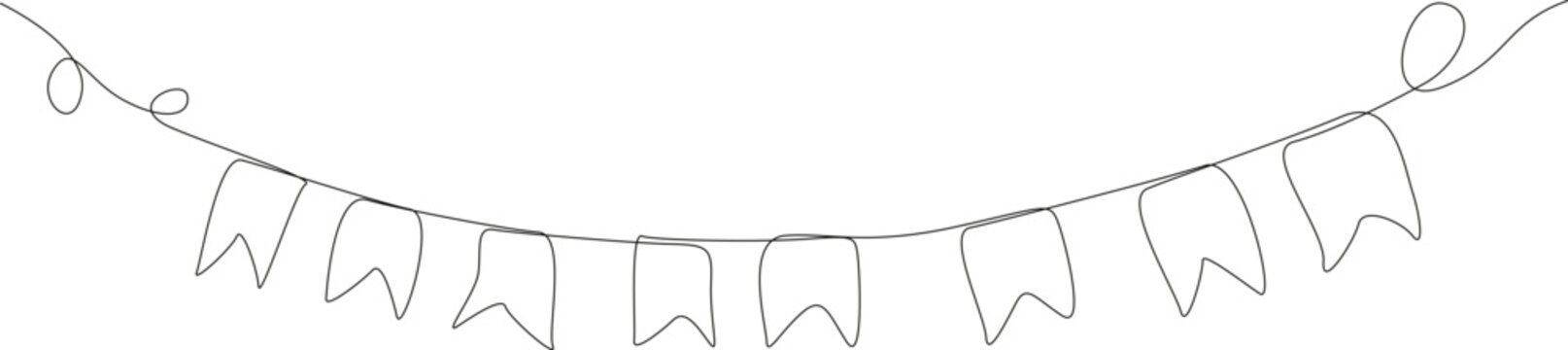 Simple continuous line drawing elegant party bunting flags hanging festive black white minimalism.