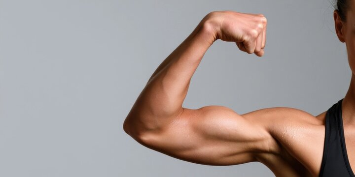 Muscular arm flexing bicep in a fitness pose against a light grey