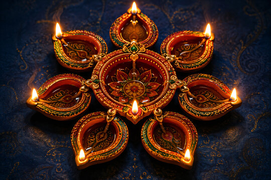 Diwali and Navratri festive diya arrangement with glowing oil lamps and traditional floral design