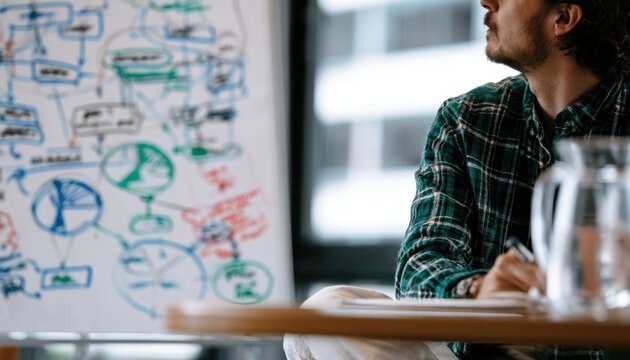 Whiteboard with color-coded notes and diagrams for business planning in office setting