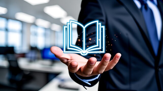 Business professional holding glowing digital open book icon representing knowledge and education