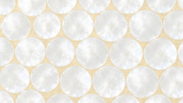 Capiz shell circle motifs arranged in honeycomb layout pattern. Coastal decoration pattern concept