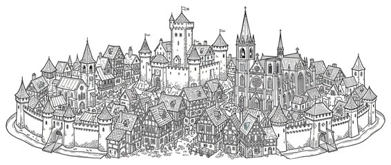 Obraz premium Medieval Cityscape with Castle and Cathedral Illustration