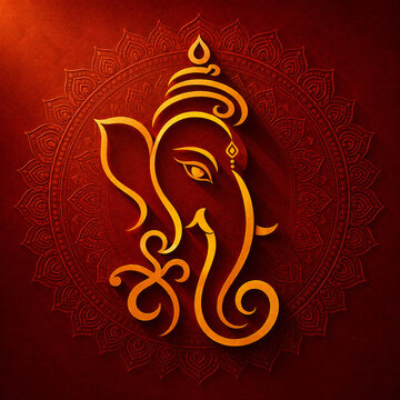 Lord Ganesha golden line art on a deep red mandala background for Hindu festival greeting design