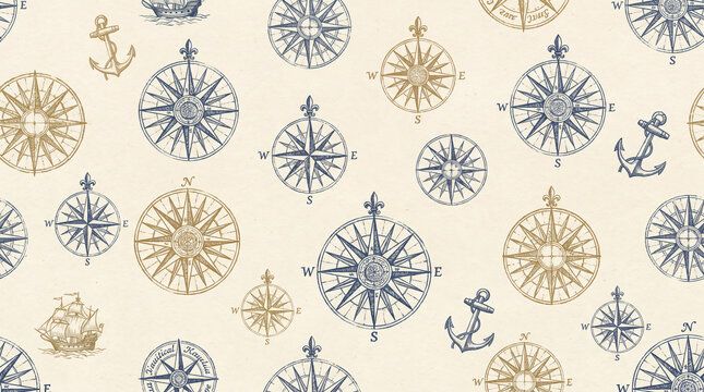 Vintage hand drawn wind rose compass seamless pattern with anchors and sailing ships on cream paper texture with copy space