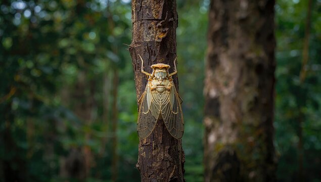 Cicada Perched on Tree Bark in Lush Green Forest Setting