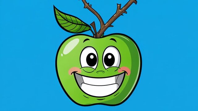 Green character with various happy facial expressions in a simple blue background
