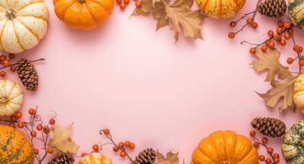 Obraz premium Colorful Autumn Pumpkins and Leaves Arrangement on Pink Background