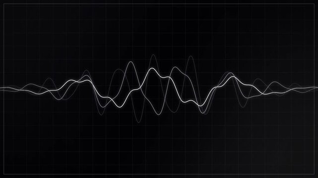 Digital waveform oscillating across dark grid with glitching rectangular data elements