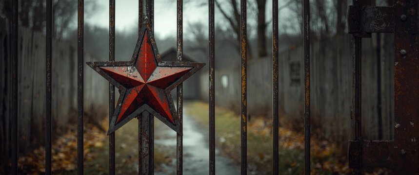 Rusty Iron Gate with Red Star Emblem in Overcast Forest Pathway