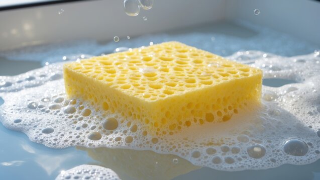 Yellow soapy sponge with foam on white background, providing ample copy space.