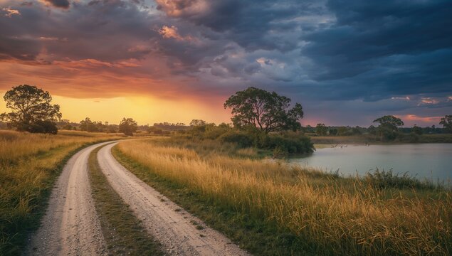 Winding Dirt Road by a Calm Lake at Sunset with Dramatic Clouds