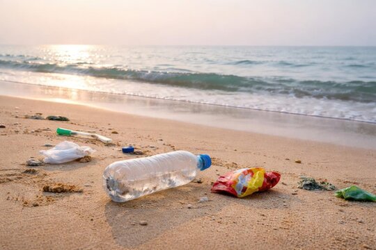 Littered Beach with Plastic Waste and Water Bottle at Sunrise