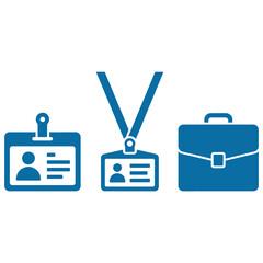 Obraz premium Blue flat vector icons of identification badges and a briefcase representing professional corporate business identity and security