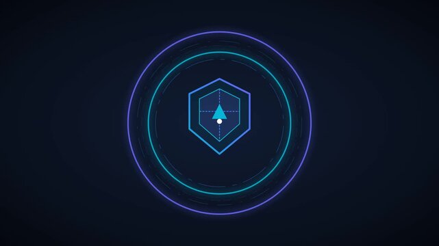 Abstract digital background with a glowing shield icon and concentric circular radar lines.