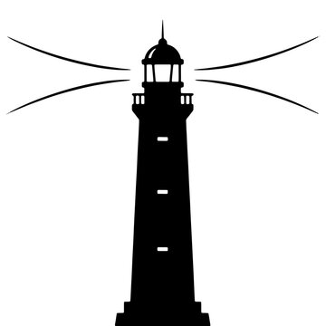 Black silhouette of a lighthouse with a glowing beam of light isolated on a white background