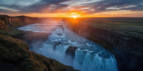 Fototapeta premium Golden Sunrise Over Waterfall Cascading into Misty River Canyon
