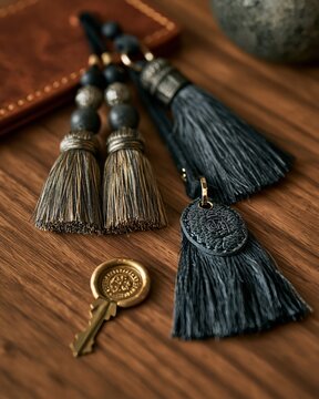 Closeup of Boutique Hotel Tassel Key Fob on Wood Counter