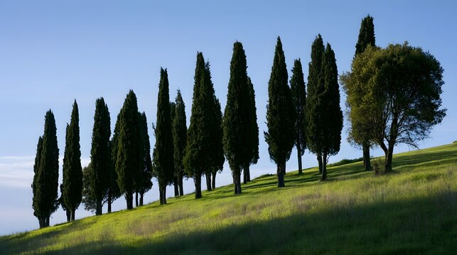 A row of tall cypress trees stands on a sunlit grassy hill under a clear blue sky  casting long shadows across the slope