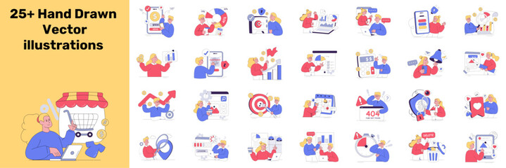 Fototapeta premium Business editable flat illustrations set. Editable stroke, vector illustrations