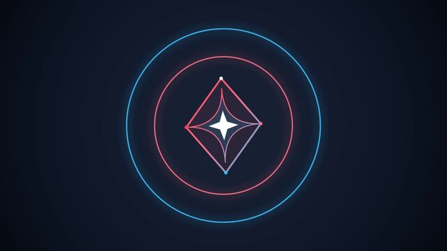 Abstract geometric diamond shape with glowing rings on a dark background.