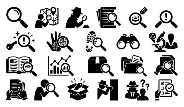 Modern Investigate Black Silhouette Icons Collection with Search Research Detective and Discovery Symbols
