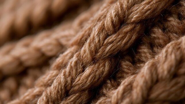 Close up of thick brown rope fibers with textured strands and natural fiber highlights under warm lighting