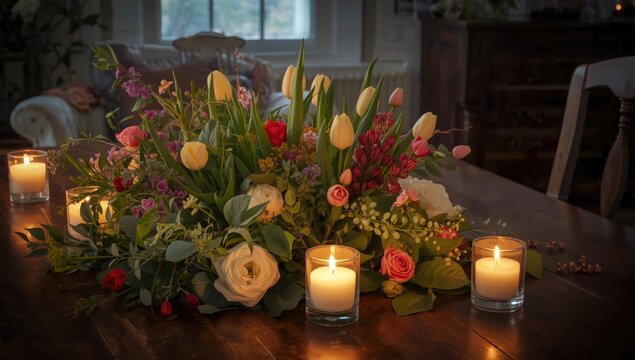 Flower Arrangement with Candles on a Wooden Table in Soft Ambient Light