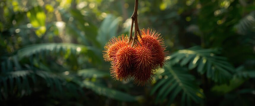 Rambutan Bunch Hanging in Lush Green Jungle Under Soft Light